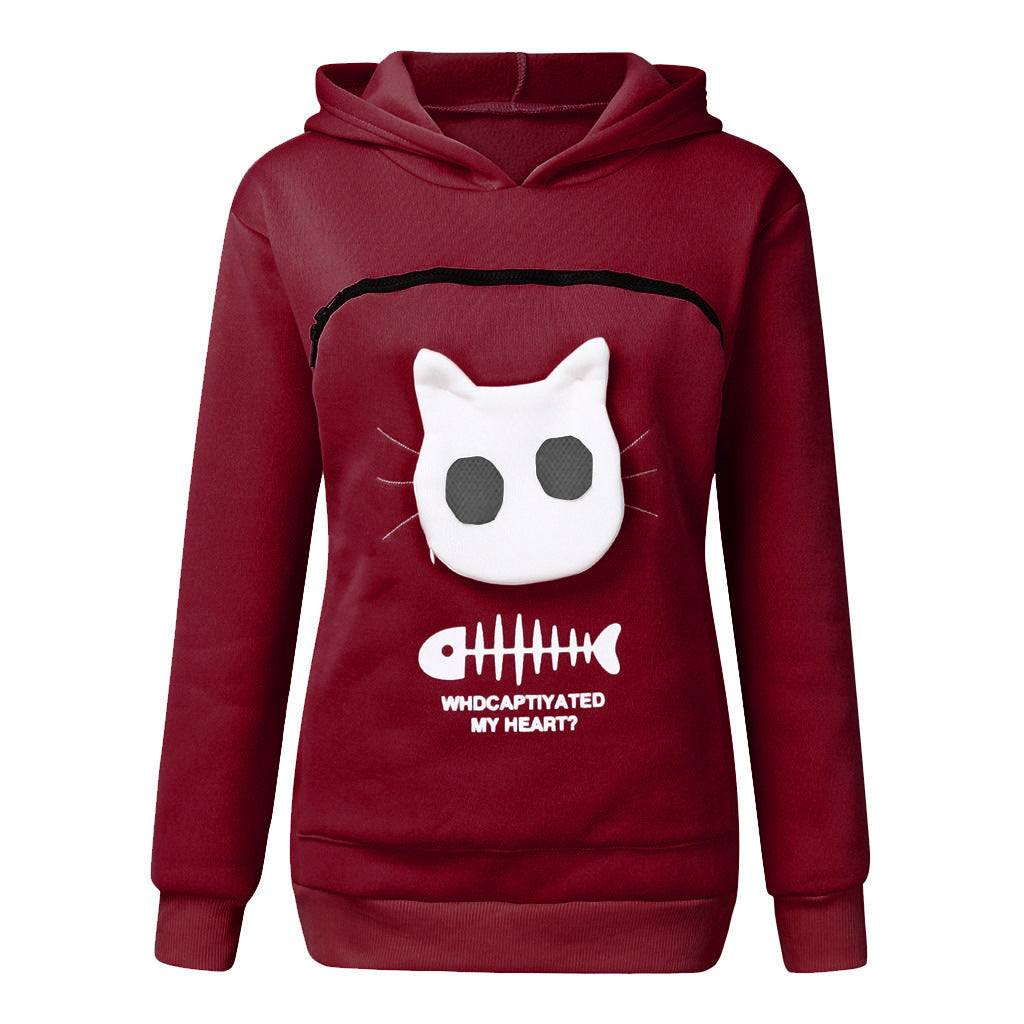Women Hoodie Sweatshirt With Cat Pet Pocket Design Long Sleeve Sweater Cat Outfit - One Red Hill